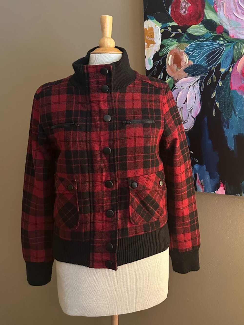Tyte Jeans Red Black Plaid Wool Blend Bomber Jacket Small Petite